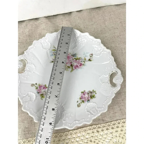 VTG Porcelain Pink Roses Floral Serving Plate With Handles Embossed Shabby Chic - Picture 7 of 11